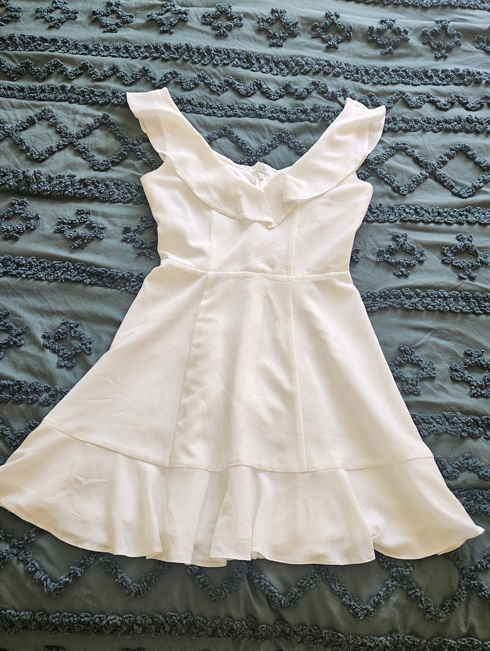 ASOS White Textured Dress with V-Neck Ruffle